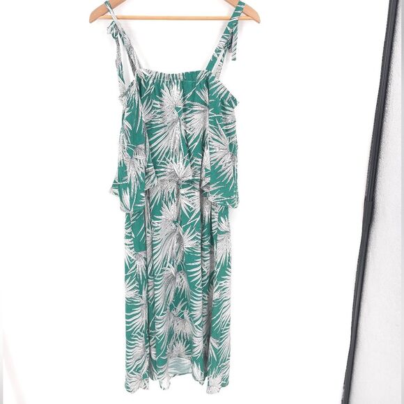 Anthro HD In Paris "Fanned Palm Dress" Palm Leaves Midi Tiered Rayon Linen NWT - Picture 3 of 12